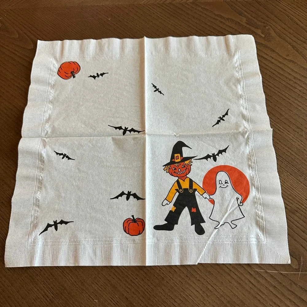 Vintage Halloween Paper Napkin Scarecrow Ghost Bat Mid Century Modern Decor